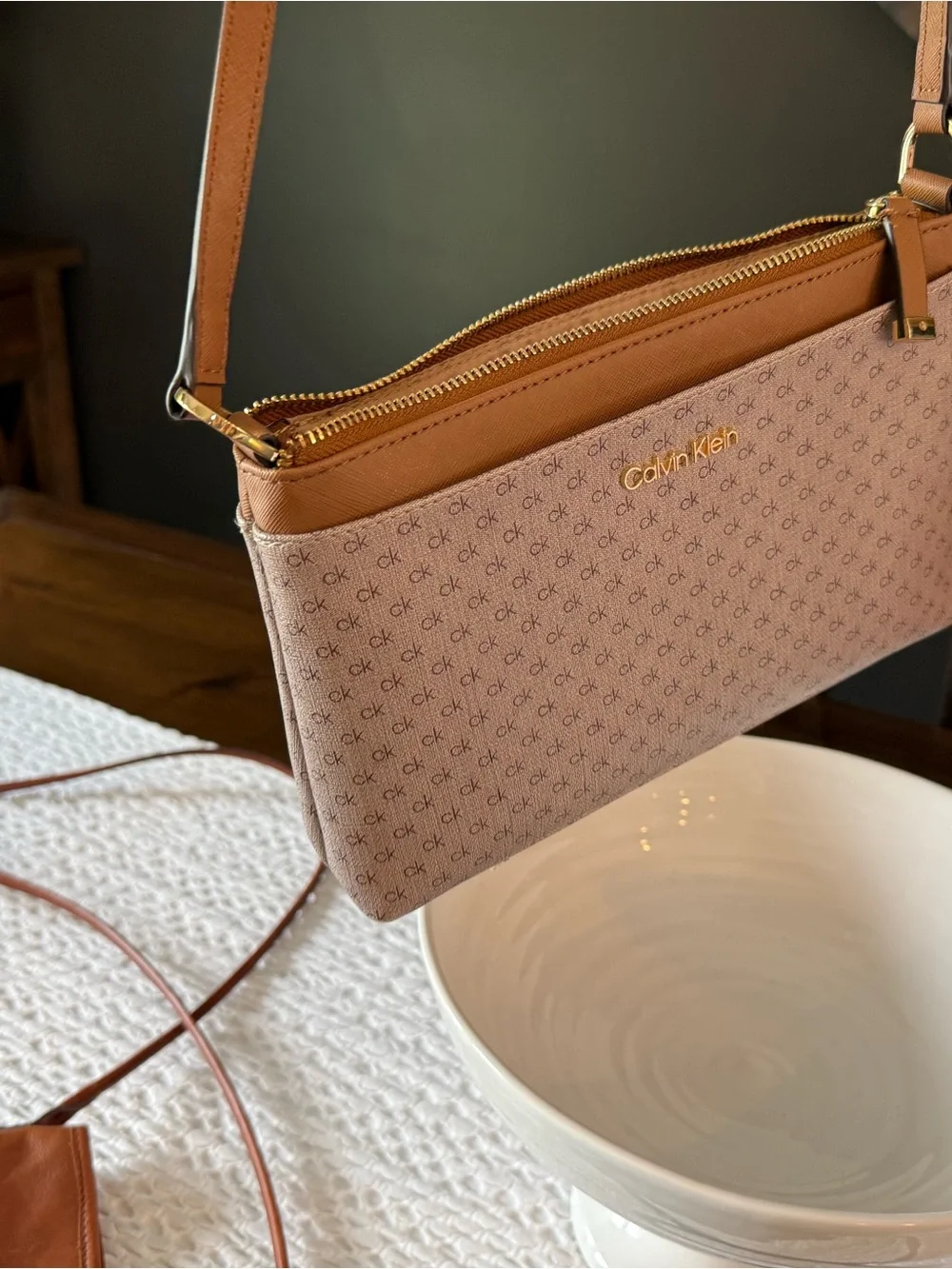 Calvin Klein Beige Monogram Crossbody with Brown Trim